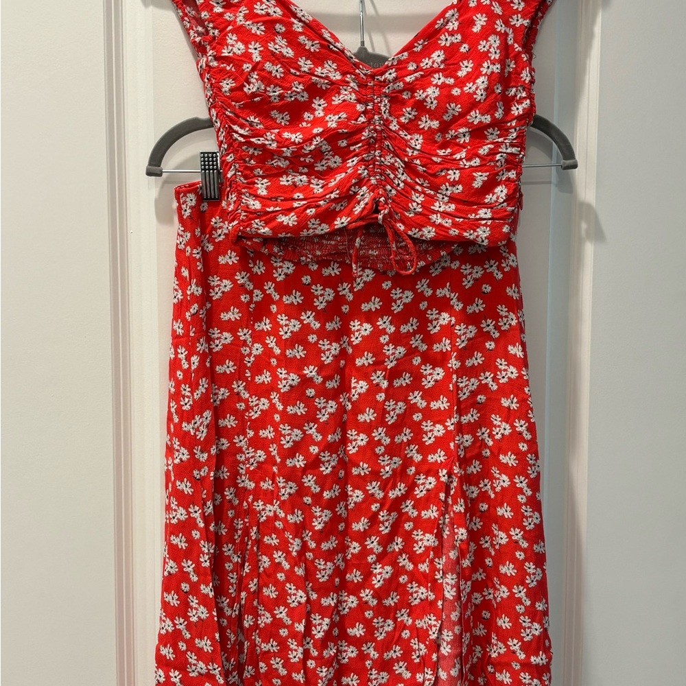 Zara Red/pink Floral Crop Top and Matching Skirt Set
